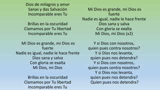 Dios de milagros y amor
Sanas y das Salvación
Incomparable eres Tu
Brillas en la oscuridad
Clamamos por Tu libertad
Incomparable eres Tu
Mi Dios es grande, mi Dios es
fuerte
Nadie es igual, nadie le hace frente
Dios sana y salva
Con gloria se exalta
Mi Dios, mi Dios
Brillas en la oscuridad
Clamamos por Tu libertad
Incomparable eres Tu
Mi Dios es grande, mi Dios es
fuerte
Nadie es igual, nadie le hace frente
Dios sana y salva
Con gloria se exalta
Mi Dios, mi Dios (x2)
Y si Dios con nosotros,
quien pues contra nosotros?
Y si Dios nos levanta,
quien pues nos detendra?
Y si Dios con nosotros,
quien pues contra nosotros?
Y si Dios nos levanta,
quien pues nos detendra?
Quien pues nos detendra?
 