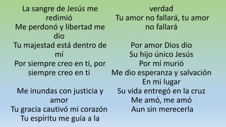 La sangre de Jesús me
redimió
Me perdonó y libertad me
dio
Tu majestad está dentro de
mí
Por siempre creo en ti, por
siempre creo en ti
Me inundas con justicia y
amor
Tu gracia cautivó mi corazón
Tu espíritu me guía a la
verdad
Tu amor no fallará, tu amor
no fallará
Por amor Dios dio
Su hijo único Jesús
Por mí murió
Me dio esperanza y salvación
En mi lugar
Su vida entregó en la cruz
Me amó, me amó
Aun sin merecerla
 