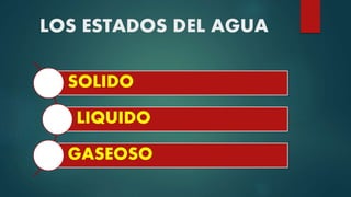 LOS ESTADOS DEL AGUA
SOLIDO
LIQUIDO
GASEOSO