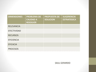 DIMENSIONES PROBLEMA DE
CALIDAD A
RESOLVER
PROPUESTA DE
SOLUCION
SUGERENCIA
ESTRATEGICA
RELEVANCIA
EFECTIVIDAD
RECURSOS
EFICIENCIA
EFICACIA
PROCESOS
SAUL GERARDO
 