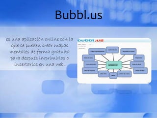 Bubbl.us
es una aplicación online con la
que se pueden crear mapas
mentales de forma gratuita
para después imprimirlos o
insertarlos en una web.
 