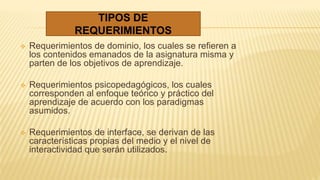  Requerimientos de dominio, los cuales se refieren a
los contenidos emanados de la asignatura misma y
parten de los objetivos de aprendizaje.
 Requerimientos psicopedagógicos, los cuales
corresponden al enfoque teórico y práctico del
aprendizaje de acuerdo con los paradigmas
asumidos.
 Requerimientos de interface, se derivan de las
características propias del medio y el nivel de
interactividad que serán utilizados.
TIPOS DE
REQUERIMIENTOS
 