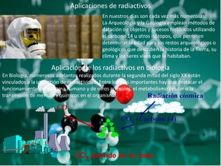 Aplicaciones de radiactivos
En nuestros días son cada vez más numerosas:
La Arqueología y la Geología emplean métodos de
datación de objetos y sucesos históricos utilizando
el carbono 14 u otros isótopos, que permiten
determinar la edad para los restos arqueológicos o
geológicos que describen la historia de la Tierra, su
clima y los seres vivos que la habitaban.
Aplicación de los radiactivos en biología
En Biología, numerosos adelantos realizados durante la segunda mitad del siglo XX están
vinculados a la utilización de radiactividad. Entre los más importantes hay que destacar el
funcionamiento del genoma humano y de otros animales, el metabolismo celular o la
transmisión de mensajes químicos en el organismo.
 