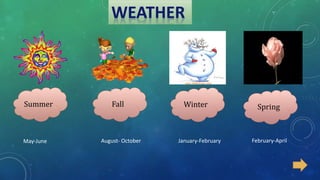 Summer Fall Winter Spring
May-June February-AprilJanuary-FebruaryAugust- October
 