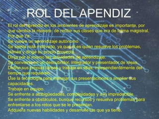 El rol del aprendiz en los ambientes de aprendizaje es importante, por
que cambia la manera de recibir sus clases que era de forma magistral.
Por que Ya:
Se vuelve un aprendizaje autónomo
Se sienta más motivado, ya que él es quien resuelve los problemas,
planea y dirige su propio proyecto.
Dirija por sí mismo las actividades de aprendizaje.
Se convierta en un descubridor, integrador y presentador de ideas.
Defina sus propias tareas y trabaje en ellas, independientemente del
tiempo que requieren.
Use la tecnología para manejar sus presentaciones o ampliar sus
capacidades.
Trabaje en equipo.
Se enfrente a ambigüedades, complejidades y a lo impredecible.
Se enfrente a obstáculos, busque recursos y resuelva problemas para
enfrentarse a los retos que se le presentan.
Adquiera nuevas habilidades y desarrolle las que ya tiene.
ROL DEL APENDIZ
 