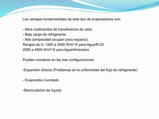 Las ventajas fundamentales de este tipo de evaporadores son:
- Altos coeficientes de transferencia de calor.
- Baja carga de refrigerante.
- Alta compacidad (ocupan poco espacio).
Rangos de U: 1500 a 3000 W/m²·K para Agua/R-22
2500 a 4500 W/m²·K para Agua/Amoniaco
Pueden montarse en las tres configuraciones:
-Expansión directa (Problemas en la uniformidad del flujo de refrigerante)
- Evaporador inundado
-Recirculación de líquido
 