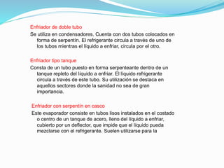 Enfriador de doble tubo
Se utiliza en condensadores. Cuenta con dos tubos colocados en
forma de serpentín. El refrigerante circula a través de uno de
los tubos mientras el líquido a enfriar, circula por el otro.
Enfriador tipo tanque
Consta de un tubo puesto en forma serpenteante dentro de un
tanque repleto del líquido a enfriar. El líquido refrigerante
circula a través de este tubo. Su utilización se destaca en
aquellos sectores donde la sanidad no sea de gran
importancia.
Enfriador con serpentín en casco
Este evaporador consiste en tubos lisos instalados en el costado
o centro de un tanque de acero, lleno del líquido a enfriar,
cubierto por un deflector, que impide que el líquido pueda
mezclarse con el refrigerante. Suelen utilizarse para la
 