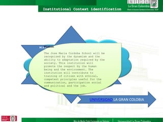 Principes
Self esteem, respect for the difference,
autonomy with responsibility, think
before speak and act, belonging sense,
honesty, generosity, commitment,
obedience.
UNIVERSIDAD LA GRAN COLOBIA
MissionVision
The Jose Maria Cordoba School will be
recognized by the dynamism and the
ability to adaptation required by the
society. This institution will
promote the respect by the human
being and the environment. The
institution will contribute to
training of citizen with ethical,
competent principles useful for the
communication, participation social
and political and the job.
 