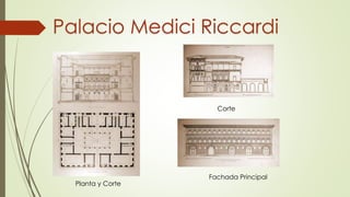 Palacio Medici Riccardi
Corte
Fachada Principal
Planta y Corte
 