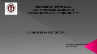 CAMPOS DE LA PSICOLOGIA
UNIVERSIDAD FERMIN TORO
VICE-RECTORADO ACADEMICO
ESCUELA DE RELACIONES INDUSTRIALES
MI NOMBRE: KARLA GIMENEZ
CI:17.013.938
 