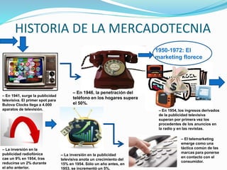 HISTORIA DE LA MERCADOTECNIA
– En 1941, surge la publicidad
televisiva. El primer spot para
Bulova Clocks llega a 4.000
aparatos de televisión.
– En 1946, la penetración del
teléfono en los hogares supera
el 50%.
1950-1972: El
marketing florece
– En 1954, los ingresos derivados
de la publicidad televisiva
superan por primera vez los
procedentes de los anuncios en
la radio y en las revistas.
– La inversión en la
publicidad radiofónica
cae un 9% en 1954, tras
reducirse un 2% durante
el año anterior.
– La inversión en la publicidad
televisiva anota un crecimiento del
15% en 1954. Sólo un año antes, en
1953, se incrementó un 5%.
– El telemarketing
emerge como una
táctica común de las
marcas para ponerse
en contacto con el
consumidor.
 