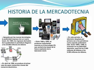 HISTORIA DE LA MERCADOTECNIA
– Apoyada por las nuevas tecnologías,
la publicidad impresa vive un nuevo
boom. En 1985, los ingresos derivados
de la publicidad en periódicos llegaron
a los 25.000 millones de dólares
– Entre 1990 y 1994, se
producen importantes
avances en la tecnología 2G,
que sentaría las bases de la
futura explosión de la
televisión móvil.
– En este periodo, la
televisión desplaza por
primera vez a los periódicos
como soporte publicitario
líder. Entre 1990 y 1998, la
inversión en la publicidad
televisión, pasó de los 2.400
millones de dólares a los
8.300 millones de dólares.
– En abril de 1994, se produce el primer
caso de spam comercial a través del
comercio electrónico.
 