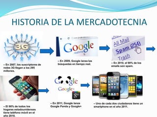 HISTORIA DE LA MERCADOTECNIA
– En 2007, los suscriptores de
redes 3G llegan a los 295
millones.
– En 2009, Google lanza las
búsquedas en tiempo real. – En 2010, el 90% de los
emails son spam.
– El 90% de todos los
hogares estadounidenses
tiene teléfono móvil en el
año 2010.
– En 2011, Google lanza
Google Panda y Google+
– Uno de cada dos ciudadanos tiene un
smartphone en el año 2011.
 