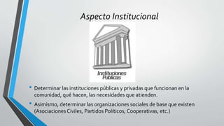 Aspecto Institucional
• Determinar las instituciones públicas y privadas que funcionan en la
comunidad, qué hacen, las necesidades que atienden.
• Asimismo, determinar las organizaciones sociales de base que existen
(Asociaciones Civiles, Partidos Políticos, Cooperativas, etc.)
 