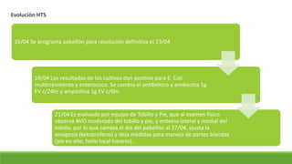 Evolución HTS
16/04 Se programa pabellón para resolución definitiva el 23/04
19/04 Los resultados de los cultivos dan positivo para E. Coli
multirresistente y enterococo. Se cambia el antibiótico a amikacina 1g
EV c/24hr y ampicilina 1g EV c/6hr
21/04 Es evaluado por equipo de Tobillo y Pie, que al examen físico
observa AVO moderado del tobillo y pie, y eritema lateral y medial del
tobillo, por lo que cambia el día del pabellón al 27/04, ajusta la
analgesia (ketoprofeno) y deja medidas para manejo de partes blandas
(pie en alto, hielo local horario).
 