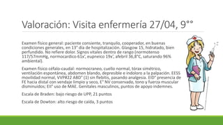 Valoración: Visita enfermería 27/04, 9°°
Examen físico general: paciente consiente, tranquilo, cooperador, en buenas
condiciones generales, en 13° día de hospitalización. Glasgow 15, hidratado, bien
perfundido. No refiere dolor. Signos vitales dentro de rango (normotenso
117/57mmHg, normocardico 61x’, eupneico 19x’, afebril 36,8°C, saturando 96%
ambiental).
Examen físico céfalo-caudal: normocraneo, cuello normal, tórax simétrico,
ventilación espontánea, abdomen blando, depresible e indoloro a la palpación. EESS
movilidad normal, VVP#22 ABD° (1) sin flebitis, pasando analgesia. EID° presencia de
FE hacia distal con vendaje limpio y seco, E° NV conservado, tono y fuerza muscular
disminuidos; EII° uso de MAE. Genitales masculinos, puntos de apoyo indemnes.
Escala de Braden: bajo riesgo de UPP, 21 puntos
Escala de Dowton: alto riesgo de caída, 3 puntos
 