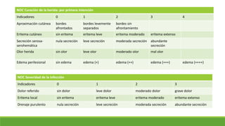 NOC Curación de la herida: por primera intención
Indicadores 0 1 2 3 4
Aproximación cutánea bordes
afrontados
bordes levemente
separados
bordes sin
afrontamiento
Eritema cutáneo sin eritema eritema leve eritema moderado eritema extenso
Secreción serosa-
serohemática
nula secreción leve secreción moderada secreción abundante
secreción
Olor herida sin olor leve olor moderado olor mal olor
Edema perilesional sin edema edema (+) edema (++) edema (+++) edema (++++)
NOC Severidad de la infección
Indicadores 0 1 2 3
Dolor referido sin dolor leve dolor moderado dolor grave dolor
Eritema local sin eritema eritema leve eritema moderado eritema extenso
Drenaje purulento nula secreción leve secreción moderada secreción abundante secreción
 