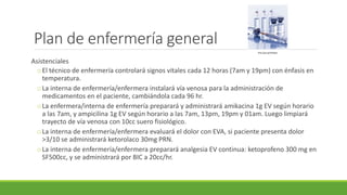 Plan de enfermería general
Asistenciales
oEl técnico de enfermería controlará signos vitales cada 12 horas (7am y 19pm) con énfasis en
temperatura.
oLa interna de enfermería/enfermera instalará vía venosa para la administración de
medicamentos en el paciente, cambiándola cada 96 hr.
oLa enfermera/interna de enfermería preparará y administrará amikacina 1g EV según horario
a las 7am, y ampicilina 1g EV según horario a las 7am, 13pm, 19pm y 01am. Luego limpiará
trayecto de vía venosa con 10cc suero fisiológico.
oLa interna de enfermería/enfermera evaluará el dolor con EVA, si paciente presenta dolor
>3/10 se administrará ketorolaco 30mg PRN.
oLa interna de enfermería/enfermera preparará analgesia EV continua: ketoprofeno 300 mg en
SF500cc, y se administrará por BIC a 20cc/hr.
http://goo.gl/QTWgyC
 