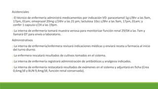 Asistenciales
oEl técnico de enfermería administrá medicamentos por indicación VO: paracetamol 1g c/8hr a las 9am,
17pm, 01am; omeprazol 20mg c/24hr a las 21 pm; lactulosa 10cc c/8hr a las 9am, 17pm, 01am; y
confer 1 capsula c/24 a las 19pm.
oLa interna de enfermería tomará muestra venosa para monitorizar función renal 29/04 a las 7am y
llamará OT para envío a laboratorio.
Administrativos
oLa interna de enfermería/enfermera revisará indicaciones médicas y enviará receta a farmacia al inicio
del turno diurno.
oLa enfermera rescatará resultados de cultivos tomados en el sistema.
oLa interna de enfermería registrará administración de antibióticos y analgesia indicados.
oLa interna de enfermería restacatará resultados de exámenes en el sistema y adjuntará en ficha (Crea
0,6mg/dl y BUN 9,4mg/dl, función renal conservada).
 