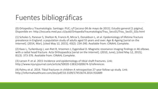 Fuentes bibliográficas
(0) Ortopedia y Traumatología. Santiago: PUC; s/f [acceso 04 de mayo de 2015]. Estudio general [1 página].
Disponible en: http://escuela.med.puc.cl/publ/OrtopediaTraumatologia/Trau_Secc01/Trau_Sec01_02a.html
(1) Scholes S, Panesar S, Shelton N, Francis R, Mirza S, Donaldson L, et al. Epidemiology of lifetime fracture
prevalence in England: a population study of adults aged 55 years and over. Age & Ageing [serial on the
Internet]. (2014, Mar), [cited May 12, 2015]; 43(2): 234-240. Available from: CINAHL Complete.
(2) Kaas L, Turkenburg J, van Riet R, Vroemen J, Eygendaal D. Magnetic resonance imaging findings in 46 elbows
with a radial head fracture. Acta Orthopaedica [serial on the Internet]. (2010, June), [cited May 12, 2015];
81(3): 373-376. Available from: CINAHL Complete.
(3) Larsen P. et al. 2015 Incidence and epidemiology of tibial shaft fractures. Link:
http://www.injuryjournal.com/article/S0020-1383(14)00674-3/references
(4) Palmu et al. 2014. Tibial fractures in children A retrospective 27-year follow-up study. Link:
http://informahealthcare.com/doi/pdf/10.3109/17453674.2014.916489
 