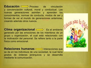 
Educación Proceso de vinculación
y concienciación cultural, moral y conductual. Las
nuevas generaciones asimilan y aprenden los
conocimientos, normas de conducta, modos de ser y
formas de ver el mundo de generaciones anteriores,
creando además otros nuevos.
Clima organizacional Es el ambiente
generado por las emociones de los miembros de un
grupo u organización, el cual está relacionado con
la motivación del personal. Se refiere tanto a la parte
física como emocional.
Relaciones humanas Interacciones que
se da en los individuos de una sociedad, la cual tiene
grados de órdenes jerárquicos y se desarrolla
mediante la comunicación.
 