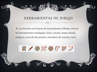 HERRAMIENTAS DE DIBUJO
 Los botones en la barra de herramientas Dibujar activan
las herramientas rectángulo, linea, círculo, mano alzada,
polígono, arco de dos puntos, curvatura de cuerda y arco.
 