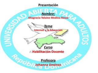 Presentación
Nombre:
Altagracia Yolaine Medina Rosso
Tema
Internet y la Educación
Curso
Habilitación Docente
Profesora
Johanna Jiménez
 