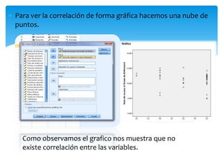  Para ver la correlación de forma gráfica hacemos una nube de
puntos.
Como observamos el grafico nos muestra que no
existe correlación entre las variables.
 