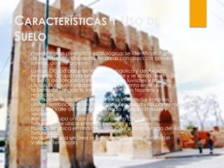 CARACTERÍSTICAS Y USO DE
SUELO
 Presenta gran diversidad edafológica; se identifican 7 grupos
de suelos, todos dispuestos en áreas con dirección noroeste-
sureste, de este a oeste.
 Luvisol: Ocupa parte de la Sierra Zongolica y de Axusco.
Feozems: Ocupa una Extensión grande y se ubica dentro de
la Sierra de Zongolica, intermedio entre luvisoles y litosoles.
Litosol: Es el suelo predominante; se presenta en el declive de
la Sierra de Zongolica, intermedio entre los feozems y
regosoles.
Regosol: Se le identifica en una zona intermedia entre las
últimas estribaciones de la Sierra de Zongolica y las partes más
bajas del Valle de Puebla; intermedio entre los litosoles y
xerosoles.
Xerosol: Ocupa un área extensa dentro del Valle de
Tehuacán. Se ubica entre los vertisoles y regosoles.
Fluvisol: Se ubica en una área reducida a todo lo largo del Río
Tehuacán.
Vertisol: Ocupa un área restringida al suroeste, dentro del
Valle de Tehuacán.
 