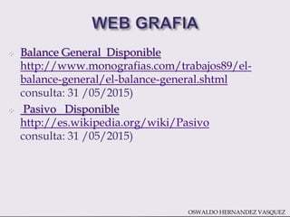  Balance General Disponible
http://www.monografias.com/trabajos89/el-
balance-general/el-balance-general.shtml
consulta: 31 /05/2015)
 Pasivo Disponible
http://es.wikipedia.org/wiki/Pasivo
consulta: 31 /05/2015)
OSWALDO HERNANDEZ VASQUEZ
 