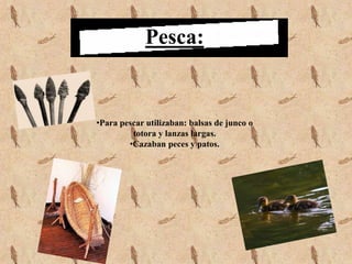•Para pescar utilizaban: balsas de junco o
totora y lanzas largas.
•Cazaban peces y patos.
Pesca:
 