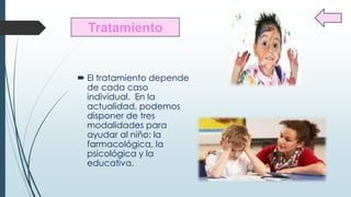  El tratamiento depende
de cada caso
individual. En la
actualidad, podemos
disponer de tres
modalidades para
ayudar al niño: la
farmacológica, la
psicológica y la
educativa.
Tratamiento