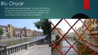 Riu Onyar
Dels quatre rius que travessen la ciutat de Girona
el que esta mes vinculat a la ciutat i a la gent es el
riu Onyar, que neix al massís de les Guilleries, a les
muntanyes d’osor anant cap a Riudellots
 
