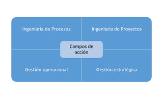 Ingeniería de Procesos Ingeniería de Proyectos
Gestión operacional Gestión estratégica
Campos de
acción
 