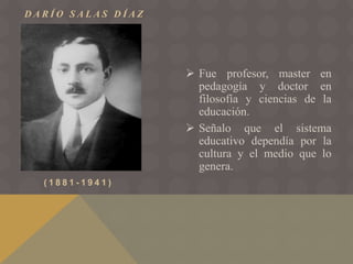 D A R Í O S A L A S D Í A Z
( 1 8 8 1 - 1 9 4 1 )
 Fue profesor, master en
pedagogía y doctor en
filosofía y ciencias de la
educación.
 Señalo que el sistema
educativo dependía por la
cultura y el medio que lo
genera.
 