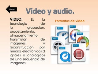 VIDEO: Es la
tecnología de
la grabación,
procesamiento,
almacenamiento,
transmisión de
imágenes y
reconstrucción por
medios electrónicos d
igitales o analógicos
de una secuencia de
imágenes.
Formatos de video
Volver
 