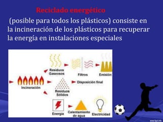 Reciclado energético
(posible para todos los plásticos) consiste en
la incineración de los plásticos para recuperar
la energía en instalaciones especiales
 