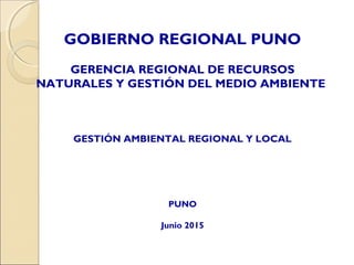 GOBIERNO REGIONAL PUNO
GERENCIA REGIONAL DE RECURSOS
NATURALES Y GESTIÓN DEL MEDIO AMBIENTE
GESTIÓN AMBIENTAL REGIONAL Y LOCAL
PUNO
Junio 2015
 