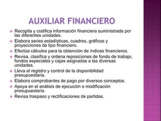  Recopila y codifica información financiera suministrada por
las diferentes unidades.
 Elabora series estadísticas, cuadros, gráficos y
proyecciones de tipo financiero.
 Efectúa cálculos para la obtención de índices financieros.
 Revisa, clasifica y ordena reposiciones de fondo de trabajo,
fondos especiales y cajas asignadas a las diversas
unidades.
 Lleva el registro y control de la disponibilidad
presupuestaria.
 Elabora comprobantes de pago por diversos conceptos.
 Apoya en el análisis de ejecución o modificación
presupuestaria.
 Revisa traspaso y rectificaciones de partidas.
 