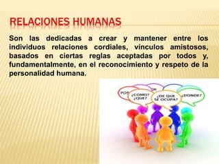 RELACIONES HUMANAS
Son las dedicadas a crear y mantener entre los
individuos relaciones cordiales, vínculos amistosos,
basados en ciertas reglas aceptadas por todos y,
fundamentalmente, en el reconocimiento y respeto de la
personalidad humana.
 