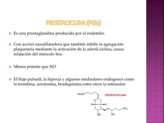  Es una prostaglandina producida por el endotelio.
 Con acción vasodilatadora que también inhibe la agregación
plaquetaria mediante la activación de la adenil-ciclasa, causa
relajación del músculo liso.
 Menos potente que NO
 El flujo pulsatil, la hipoxia y algunos mediadores endogenos como
la trombina, serotonina, bradiquinina entre otros la estimulan
 
