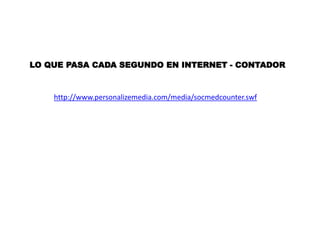 http://www.personalizemedia.com/media/socmedcounter.swf
LO QUE PASA CADA SEGUNDO EN INTERNET - CONTADOR
 