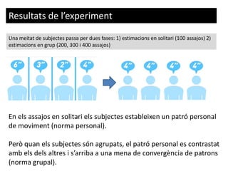 Resultats de l’experiment
Una meitat de subjectes passa per dues fases: 1) estimacions en solitari (100 assajos) 2)
estimacions en grup (200, 300 i 400 assajos)
En els assajos en solitari els subjectes estableixen un patró personal
de moviment (norma personal).
Però quan els subjectes són agrupats, el patró personal es contrastat
amb els dels altres i s’arriba a una mena de convergència de patrons
(norma grupal).
 