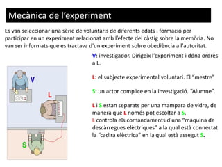 Es van seleccionar una sèrie de voluntaris de diferents edats i formació per
participar en un experiment relacionat amb l’efecte del càstig sobre la memòria. No
van ser informats que es tractava d'un experiment sobre obediència a l'autoritat.
V: investigador. Dirigeix l'experiment i dóna ordres
a L.
L: el subjecte experimental voluntari. El “mestre”
S: un actor complice en la investigació. “Alumne”.
L i S estan separats per una mampara de vidre, de
manera que L només pot escoltar a S.
L controla els comandaments d'una “màquina de
descàrregues elèctriques” a la qual està connectat
la “cadira elèctrica” en la qual està assegut S.
Mecànica de l’experiment
 