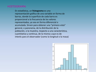 En estadística, un histograma es una
representación gráfica de una variable en forma de
barras, donde la superficie de cada barra es
proporcional a la frecuencia de los valores
representados, ya sea en forma diferencial o
acumulada. Sirven para obtener una "primera vista"
general, o panorama, de la distribución de la
población, o la muestra, respecto a una característica,
cuantitativa y continua, de la misma y que es de
interés para el observador (como la longitud o la masa)
HISTOGRAMA
 