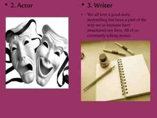 • 2. Actor • 3. Writer
• We all love a good story,
storytelling has been a part of the
way we as humans have
structured our lives. All of us
constantly telling stories.
 