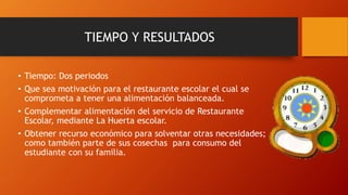 TIEMPO Y RESULTADOS
• Tiempo: Dos periodos
• Que sea motivación para el restaurante escolar el cual se
comprometa a tener una alimentación balanceada.
• Complementar alimentación del servicio de Restaurante
Escolar, mediante La Huerta escolar.
• Obtener recurso económico para solventar otras necesidades;
como también parte de sus cosechas para consumo del
estudiante con su familia.
 