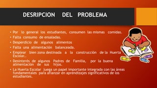 DESRIPCION DEL PROBLEMA
• Por lo general los estudiantes, consumen las mismas comidas.
• Falta consumo de ensaladas.
• Desperdicio de algunos alimentos
• Falta una alimentación balanceada.
• Emplear bien zona destinada a la construcción de la Huerta
Escolar..
• Desinterés de algunos Padres de Familia, por la buena
alimentación de sus hijos.
• La Huerta Escolar juega un papel importante integrada con las áreas
fundamentales para afianzar en aprendizajes significativos de los
estudiantes.
 