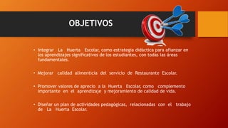 OBJETIVOS
• Integrar La Huerta Escolar, como estrategia didáctica para afianzar en
los aprendizajes significativos de los estudiantes, con todas las áreas
fundamentales.
• Mejorar calidad alimenticia del servicio de Restaurante Escolar.
• Promover valores de aprecio a la Huerta Escolar, como complemento
importante en el aprendizaje y mejoramiento de calidad de vida.
• Diseñar un plan de actividades pedagógicas, relacionadas con el trabajo
de La Huerta Escolar.
 