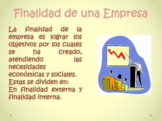 Finalidad de una Empresa
La finalidad de la
empresa es lograr los
objetivos por los cuales
se ha creado,
atendiendo las
necesidades
económicas y sociales.
Estas se dividen en:
En finalidad externa y
finalidad interna.
 